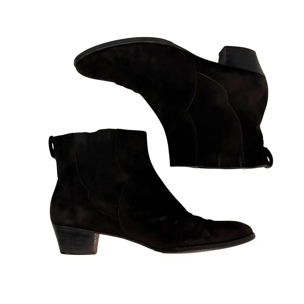 Ferragamo Bootie Black Suede Pull On Stack Heel
